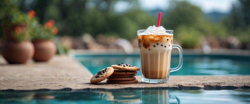 A glass of iced coffee with cookies beside a poolside in an outdoor setting. Refreshing beverage and snacks by the swimming pool. Relaxing summer scene with drinks and treats.