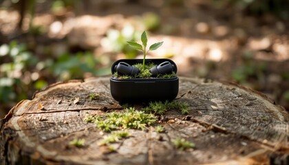 Wireless earbuds case on a tree stump surrounded by moss and greenery