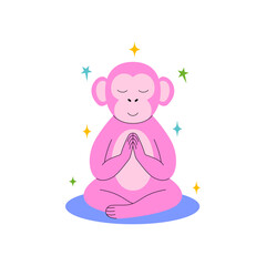 Monkey in a meditative pose with its eyes closed and surrounded by colorful stars