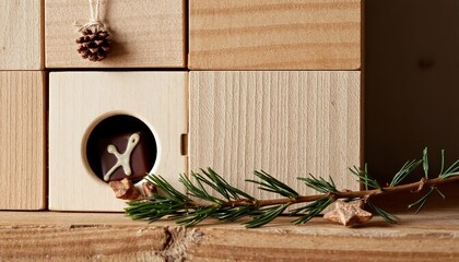 Open advent door revealing chocolate and pine branches for Christmas