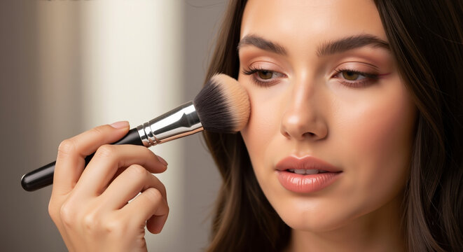Woman applying powder blush with makeup brush to cheek for professional beauty look. Cosmetic application and salon services for makeup artistry treatments