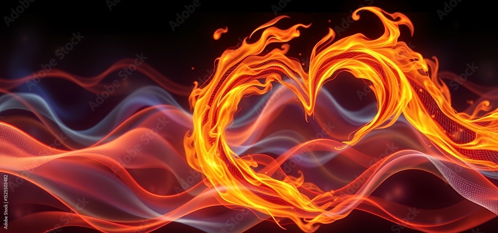 Poster a fiery heart shape against a dark background with flowing red and blue abstract waves design
