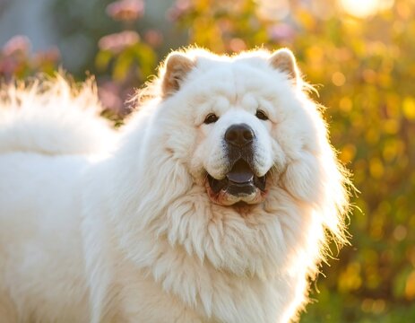 Fluffy white dog in golden light