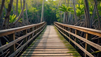 Wooden bridge extending through a lush green mangrove forest. Nature walk, wetlands, and exploration scene. Forest pathway, natural environment, and tranquil ecosystem.