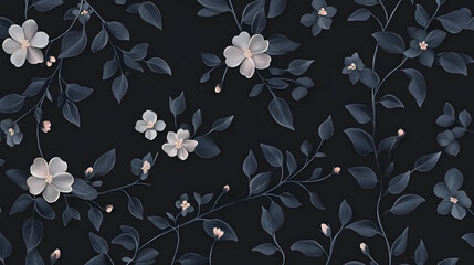 Seamless charcoal small floral elements wallpaper design featuring delicate flowers, leaves, and vines, vines, botanical