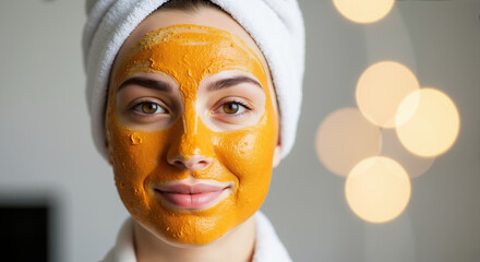 Woman with yellow turmeric face mask and white towel looking at camera. Professional spa treatments and natural skincare for anti aging beauty wellness services