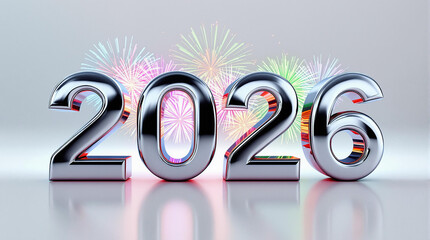 Shiny metallic "2026" numbers with colorful fireworks in the background, symbolizing celebration, New Year, and festive joy.