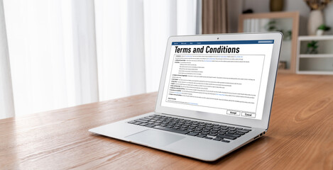Digital legal contract provide terms and conditions document on computer screen ready for online...