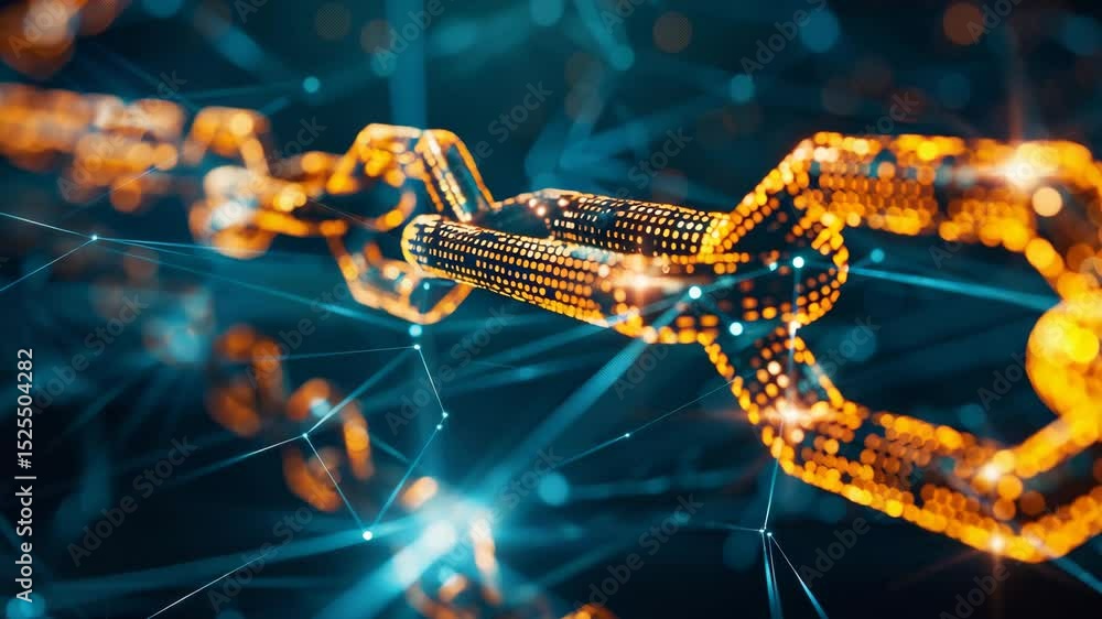 Poster digital representation of blockchain technology with glowing chains and connecting nodes in a virtua