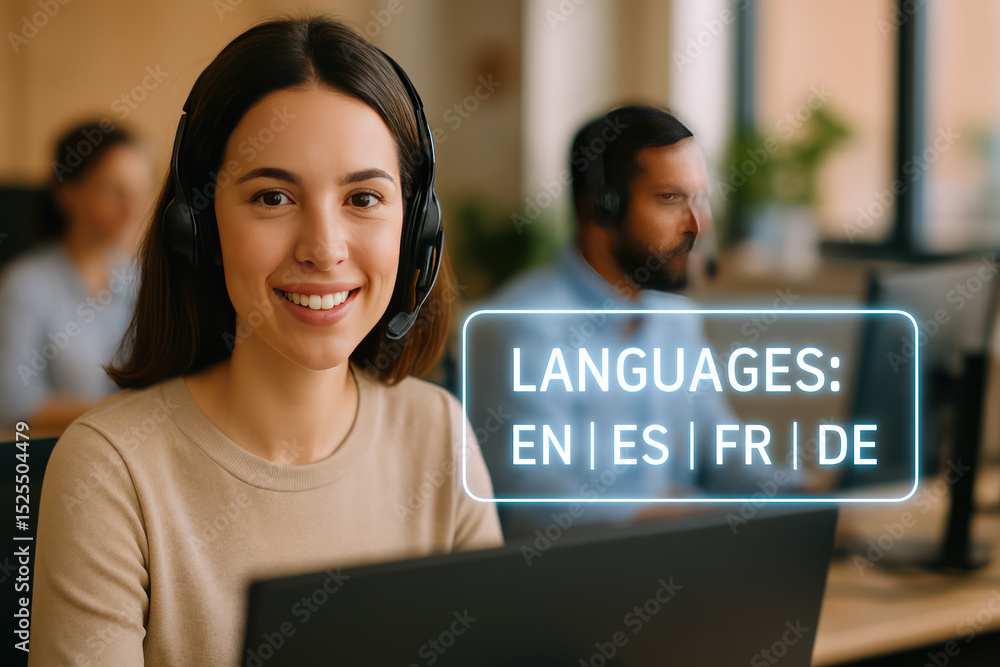 Aufkleber a call center agent happily assisting and communicating in multiple languages. the agent has a warm 