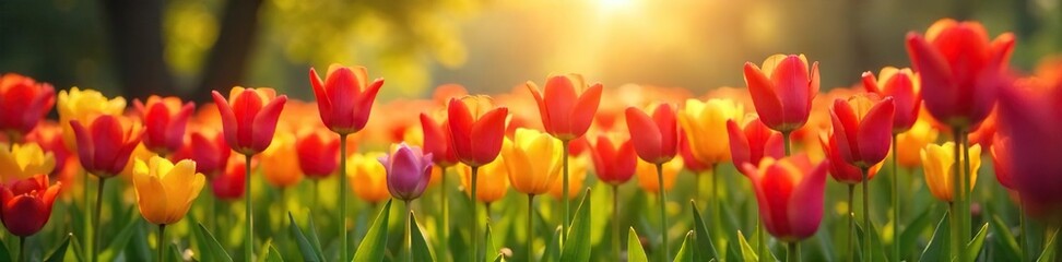 Vibrant tulips in a lush spring meadow, bathed in warm sunlight A profusion of red, yellow, orange, and purple blooms create a breathtaking scene , leaves, wildlife