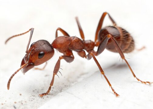 Captivating macro image of a red fire ant in full detail isolated on white background showcasing its unique features and structure