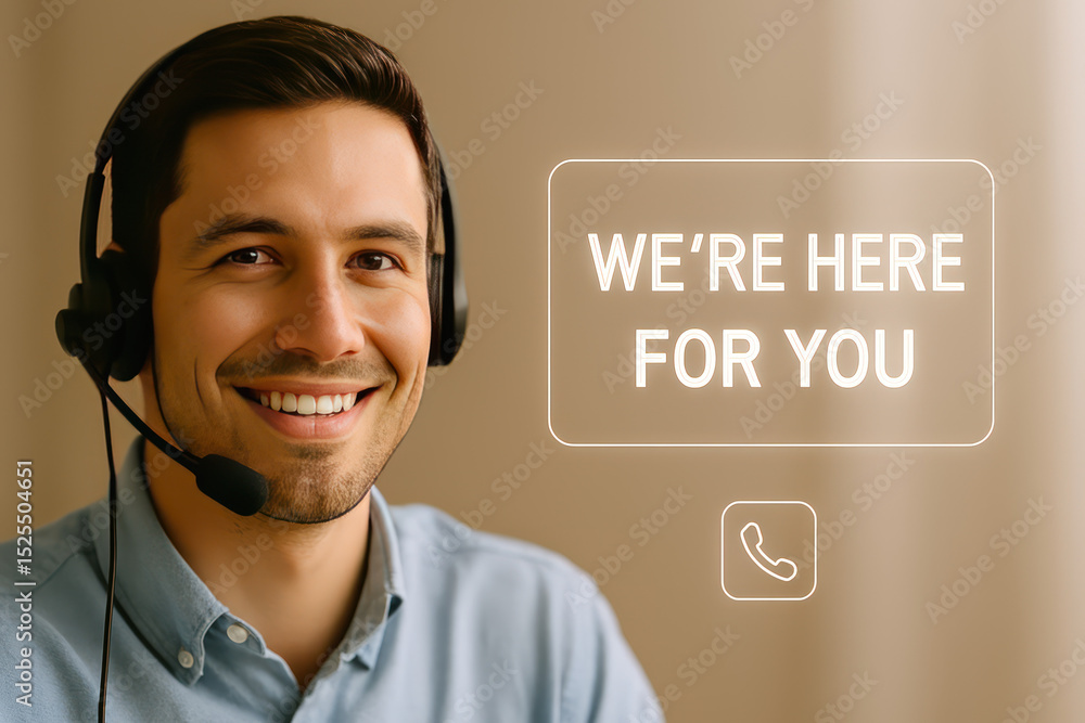 Poster smiling customer support with a headset in front of blurred background