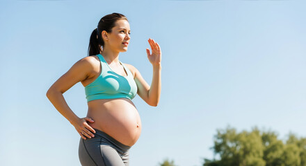 Pregnant woman in turquoise sports bra waving outdoors with blue sky background. Prenatal fitness and maternity exercise for pregnancy wellness and health services