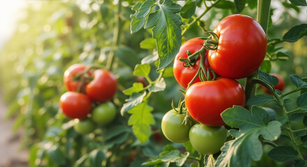 Red ripe tomatoes growing on vine with green leaves in garden. Agriculture farming organic vegetables cultivation harvest season healthy food fresh produce nutrition