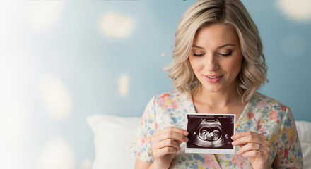 Happy woman looking at ultrasound scan image in floral dress. Maternity pregnancy expecting mother prenatal care medical examination healthcare baby development