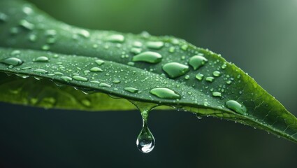 Fototapeta premium Close-up of a green leaf with water droplets, emphasizing freshness and hydration. Nature and botanical concept. The focus on leaf texture and water.