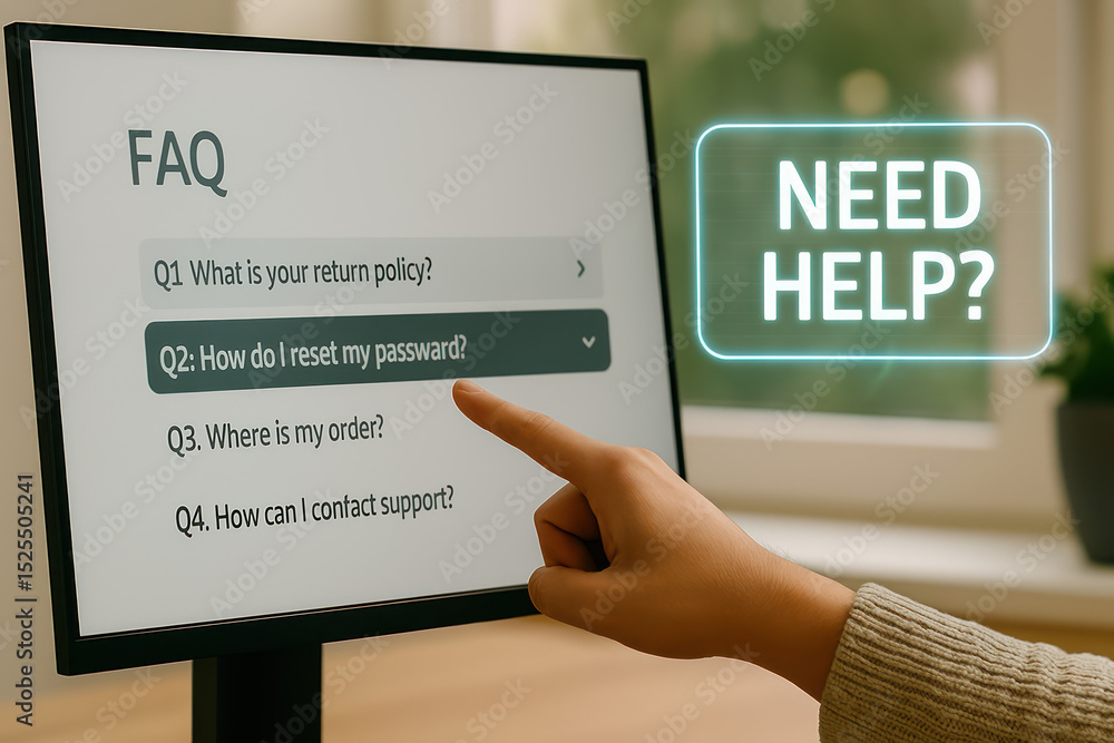 Poster hand touching interactive faq system with need help sign, set against a bright window light