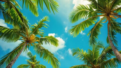 Tropical palm trees under a bright blue sky with fluffy clouds, capturing a lush and sunny outdoor scenery.