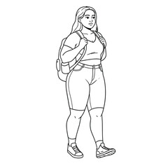 plus-size student girl walking confidently with backpack and casual outfit
