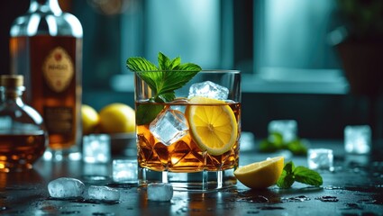 A glass of iced tea with lemon slice, mint garnish, surrounded by ice cubes, lemon wedges, and bottles in the background. Refreshing summer drink scene.