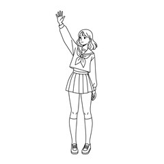 Obraz premium schoolgirl in uniform cheerfully waving hand 