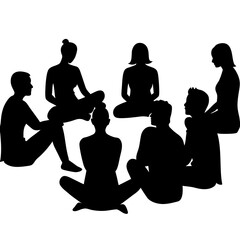 Group of People Sitting in a Circle.- Silhouette Illustration for Teamwork and Collaboration