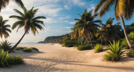 Obraz premium Tropical beach with palm trees, sandy shore, and lush greenery under a partly cloudy sky.