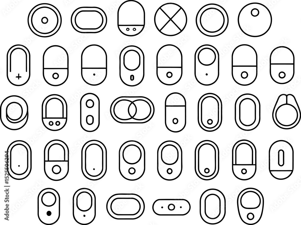 Poster a collection of minimalist icon designs featuring various rounded geometric shapes with clean lines