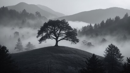 A lone tree stands on a hilltop amidst misty mountains and forest in a black and white landscape.