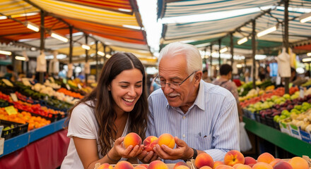 Obraz premium Latina woman and older Latino man smiling and examining fresh peaches together at a colorful outdoor farmers market