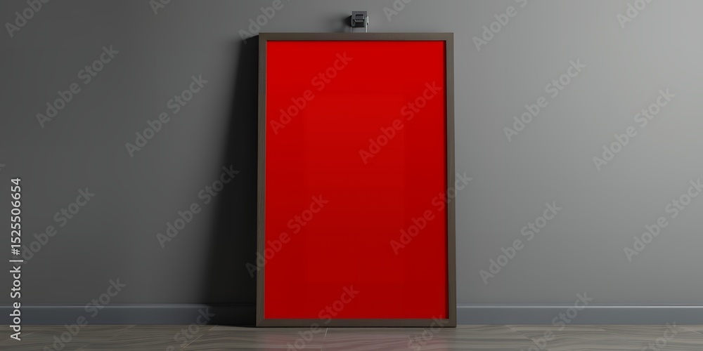 Poster a red rectangular poster with a dark frame leaning against a gray wall in a studio setting