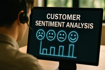 customer service representative analyzing customer feedback on a computer screen. The screen displays a customer sentiment analysis graph with emojis indicating different levels of satisfaction.