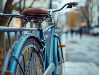 A bicycle parked on a railing during winter. The lock suggests safety measures taken to secure the bike while not in use.