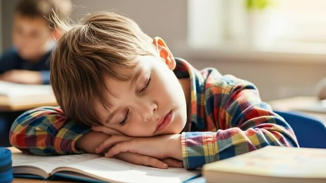 A schoolboy is sleeping during a lesson in the classroom video.