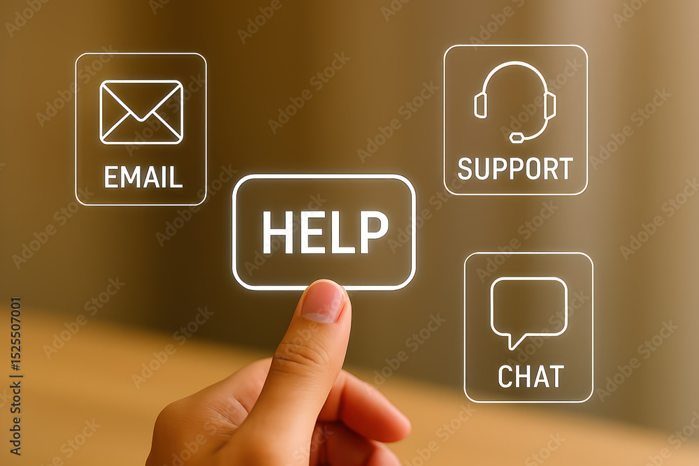 Poster a person's finger pointing towards a 'help' button, with different support icons. this image focuses