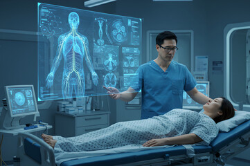 Doctor analyzing body of patient on an interactive holographic display in medical clinic. Digital human. High-tech study personalized health person. Future of biomedicine, diagnostic. Healthcare