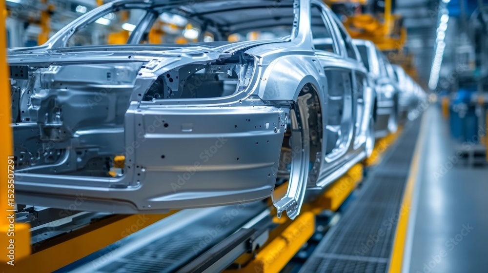Aufkleber modern car factory floor with automated assembly line and robotic arm technology.