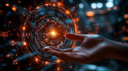 Hand interacting with glowing, circular, technological interface.  Intricate design elements radiate outwards
