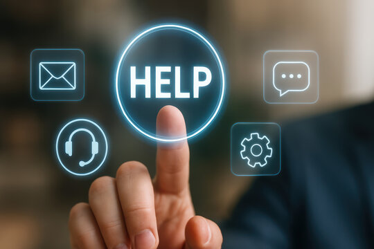 a hand touching "Help" sign which represents the support, assistance, and guidance that are readily available. It symbolizes access to essential resources and solutions in digital environment.