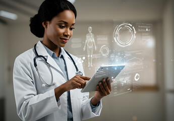 Doctor black woman holding digital tablet with holographic medical icons. Medical professional integrates digital solutions in healthcare. Protection personal data. Innovation and technology