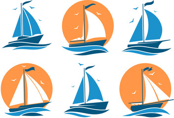 Colorful sailing boat logo set