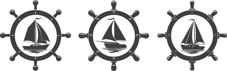Engraving sailboat logo set