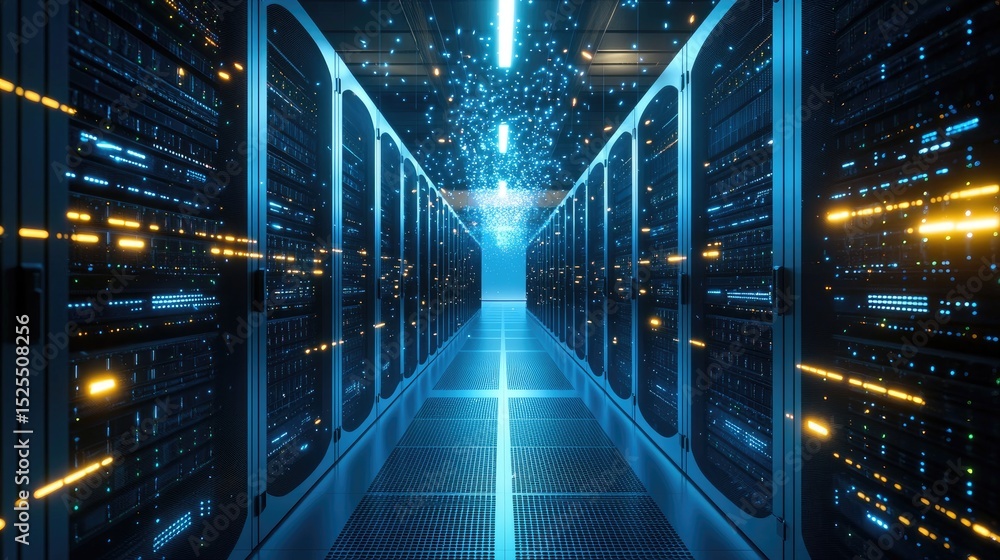 Aufkleber Futuristic glowing server racks in a modern data center, illuminated with digital lights and a high-tech atmosphere, ideal for illustrating cloud computing, cybersecurity, and AI infrastructure