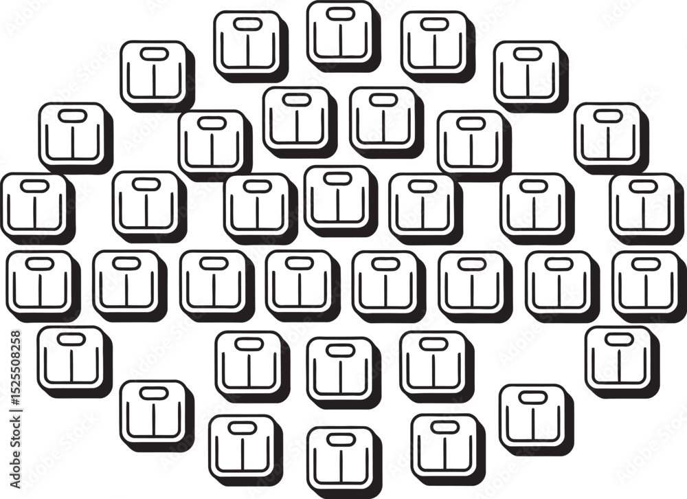 Poster repeating pattern of weight scales forming a circular composition against a white background