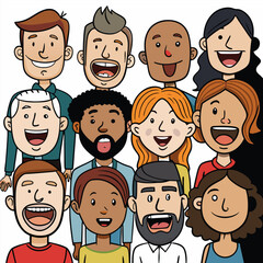 Diverse group of cartoon people smiling and laughing together on a white background