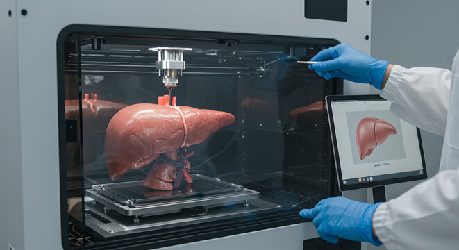 Detailed 3D-printed liver model demonstrates medical advancements. Futuristic technology in healthcare and anatomy, artificial organ development and prosthetics