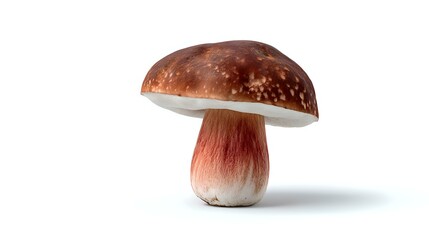 Fresh brown forest mushroom with white stem and speckled cap isolated on white background, suitable for culinary and nature designs.