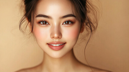 Close-up of a young, beautiful Asian woman with radiant skin, smiling gently against a soft beige background. The image evokes skincare, hydration, and natural beauty, with space for promotional text.