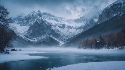 Snow-covered mountains and icy lake with fog and trees in the distance.